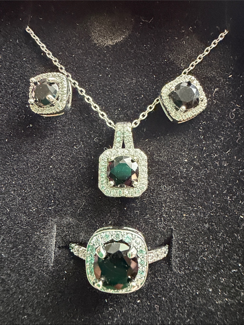 Sterling Silver Black Stone Pendant, Ring and Stud Earring Set
